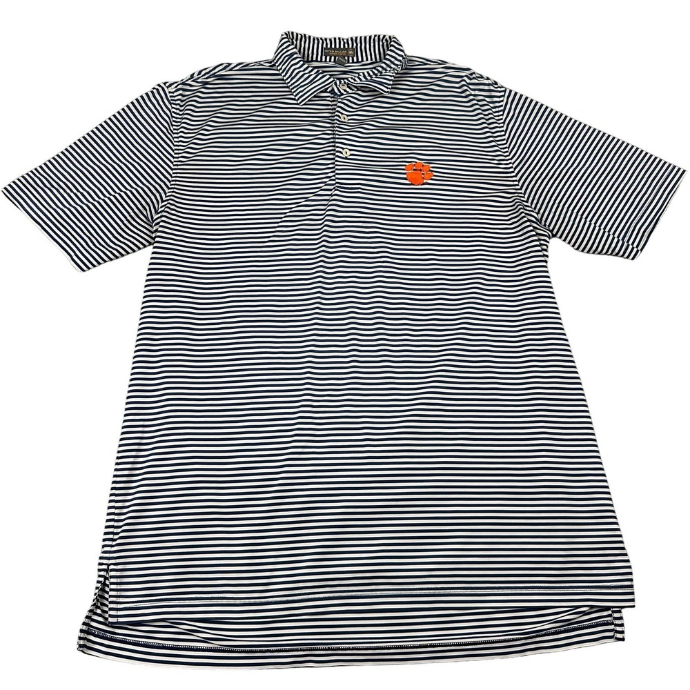 Peter Millar Size L Men Blue White Striped Embroidered Summer Comfort Polo Shirt